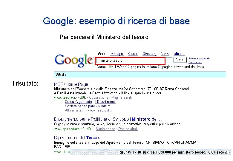 Google: esempio di ricerca di base Per cercare il Ministero del tesoro Il risultato: Google: esempio di ricerca di base Per cercare il Ministero del tesoro Il risultato: