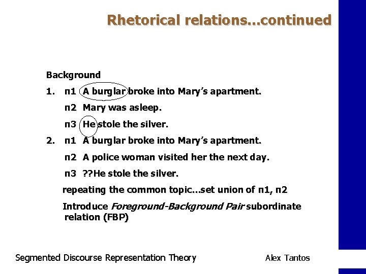Rhetorical relations. . . continued Background 1. π1 A burglar broke into Mary’s apartment.
