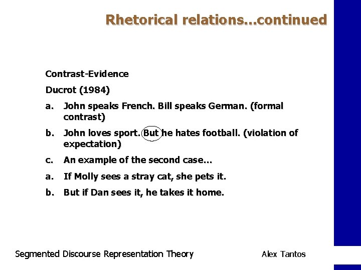 Rhetorical relations. . . continued Contrast-Evidence Ducrot (1984) a. John speaks French. Bill speaks