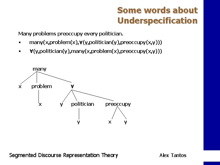 Some words about Underspecification Many problems preoccupy every politician. • many(x, problem(x), (y, politician(y),