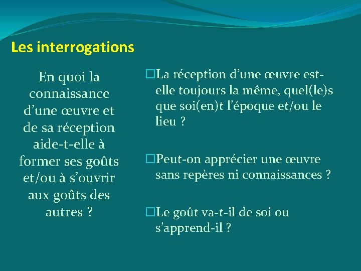 Les interrogations En quoi la connaissance d’une œuvre et de sa réception aide-t-elle à