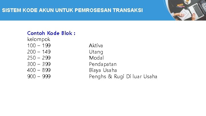 SISTEM KODE AKUN UNTUK PEMROSESAN TRANSAKSI Contoh Kode Blok : kelompok 100 – 199