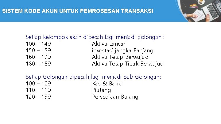 SISTEM KODE AKUN UNTUK PEMROSESAN TRANSAKSI Setiap kelompok akan dipecah lagi menjadi golongan :