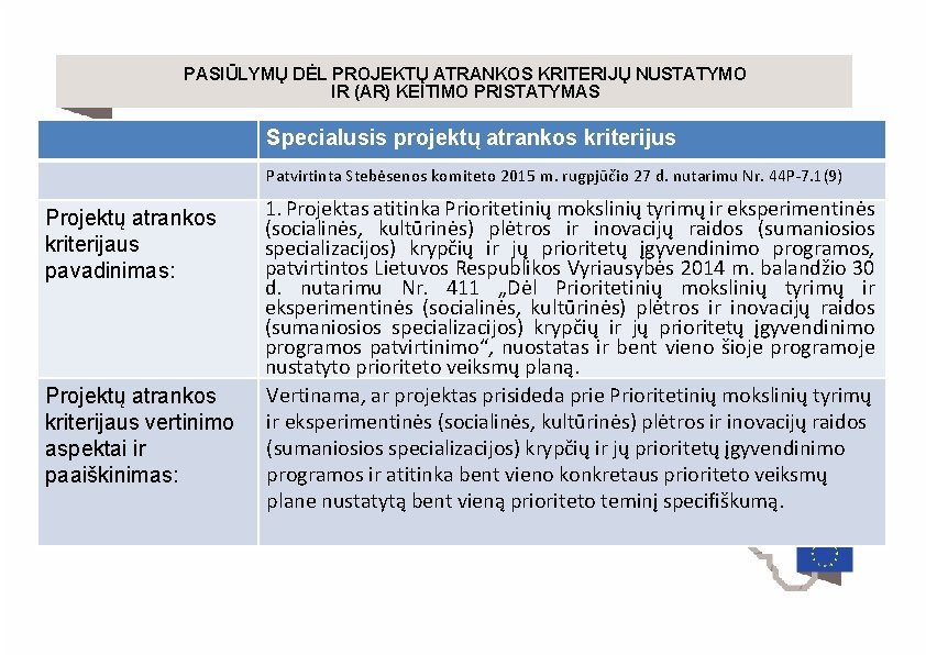 PASIŪLYMŲ DĖL PROJEKTŲ ATRANKOS KRITERIJŲ NUSTATYMO IR (AR) KEITIMO PRISTATYMAS Specialusis projektų atrankos kriterijus