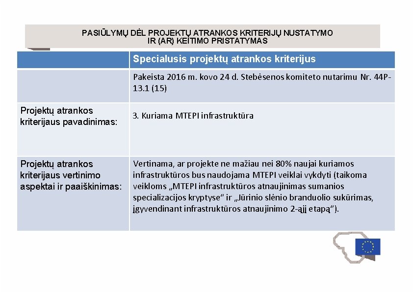 PASIŪLYMŲ DĖL PROJEKTŲ ATRANKOS KRITERIJŲ NUSTATYMO IR (AR) KEITIMO PRISTATYMAS Specialusis projektų atrankos kriterijus