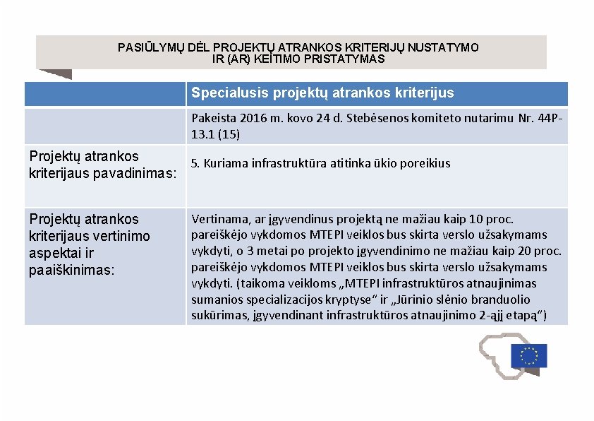 PASIŪLYMŲ DĖL PROJEKTŲ ATRANKOS KRITERIJŲ NUSTATYMO IR (AR) KEITIMO PRISTATYMAS Specialusis projektų atrankos kriterijus