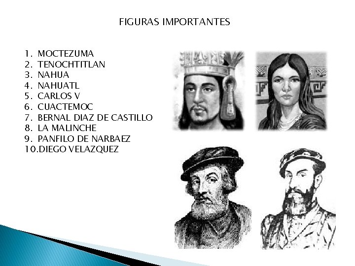 FIGURAS IMPORTANTES 1. MOCTEZUMA 2. TENOCHTITLAN 3. NAHUA 4. NAHUATL 5. CARLOS V 6.