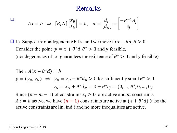 Remarks q Linear Programming 2019 16 