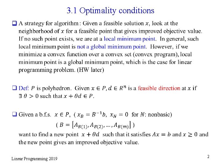 3. 1 Optimality conditions q Linear Programming 2019 2 