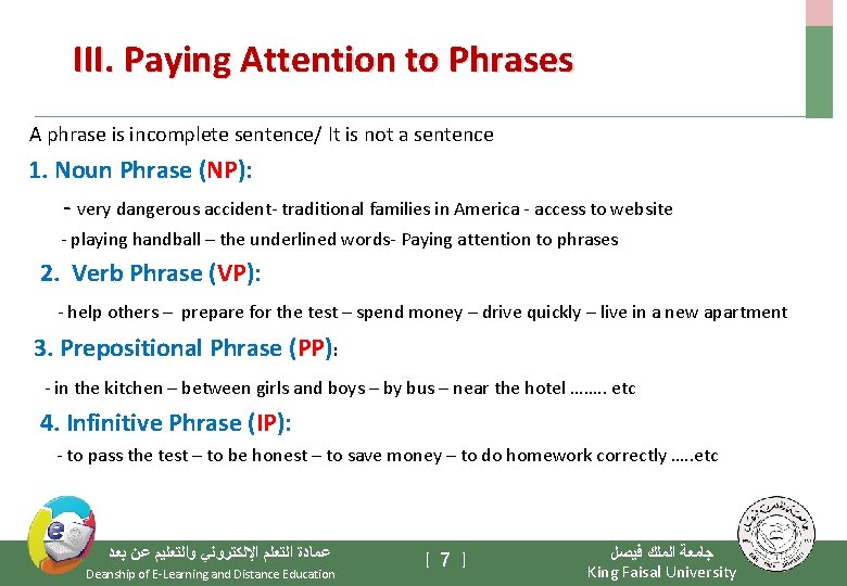 III. Paying Attention to Phrases A phrase is incomplete sentence/ It is not a