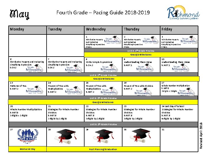 Fourth Grade – Pacing Guide 2018 -2019 Monday Tuesday Wednesday Thursday Friday 1 2