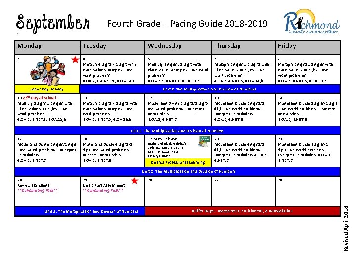 Fourth Grade – Pacing Guide 2018 -2019 Monday Tuesday Wednesday Thursday Friday 3 4