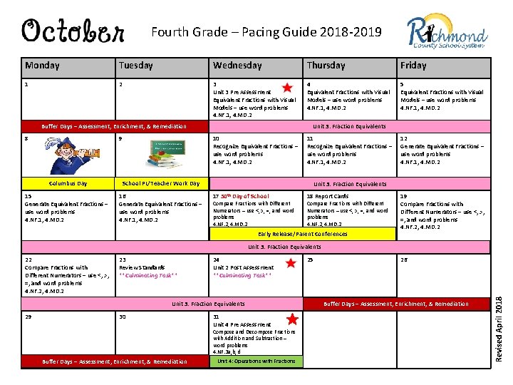 Fourth Grade – Pacing Guide 2018 -2019 Monday Tuesday Wednesday Thursday Friday 1 2
