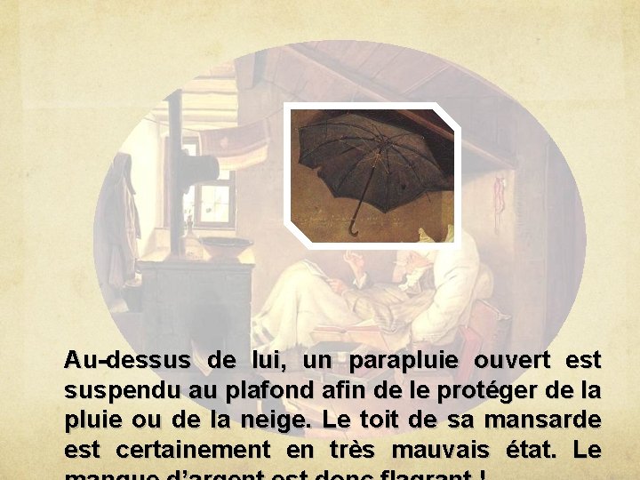Au-dessus de lui, un parapluie ouvert est suspendu au plafond afin de le protéger