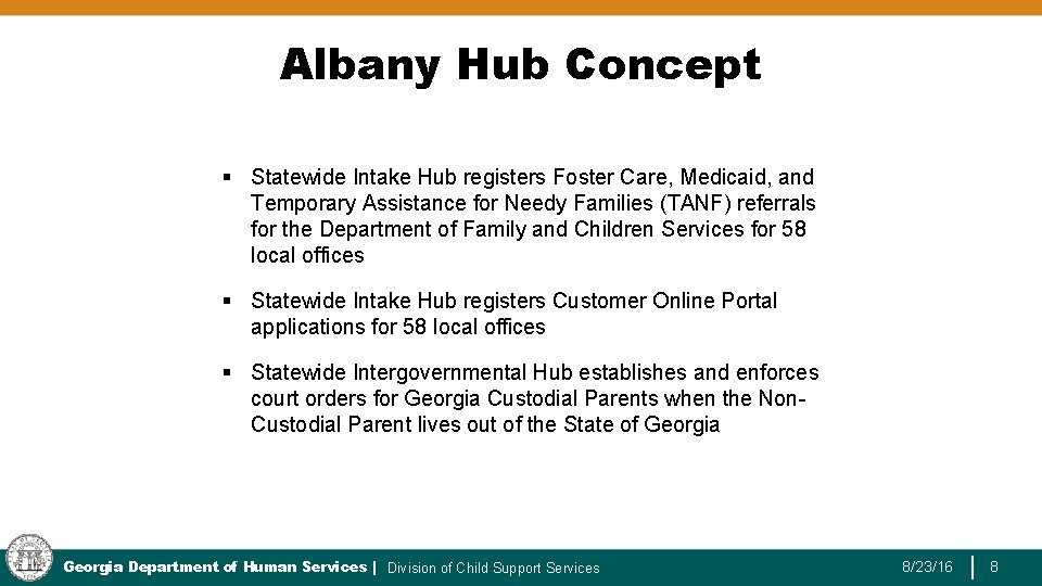 Albany Hub Concept § Statewide Intake Hub registers Foster Care, Medicaid, and Temporary Assistance