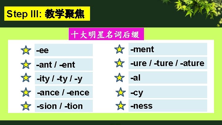 Step III: 教学聚焦 十大明星名词后缀 -ee -ment -ant / -ent -ure / -ture / -ature