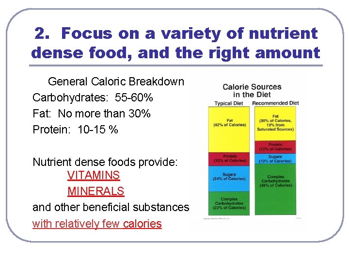 2. Focus on a variety of nutrient dense food, and the right amount General