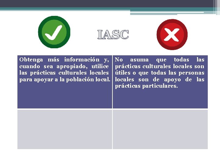 IASC Obtenga más información y, cuando sea apropiado, utilice las prácticas culturales locales para