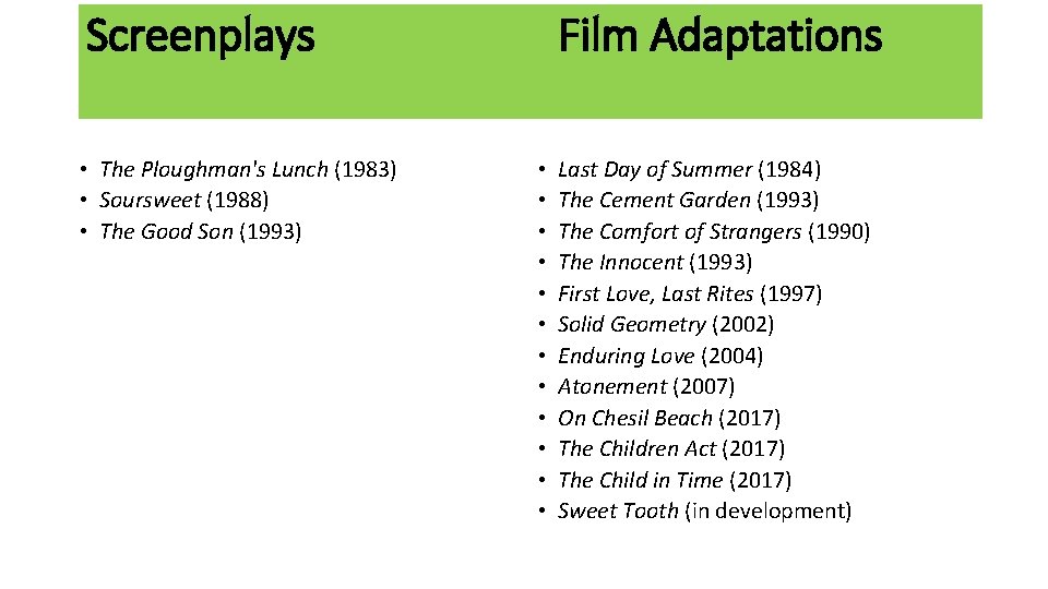 Screenplays • The Ploughman's Lunch (1983) • Soursweet (1988) • The Good Son (1993)