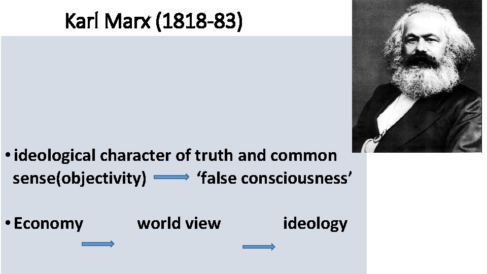 Karl Marx (1818 -83) • ideological character of truth and common sense(objectivity) ‘false consciousness’