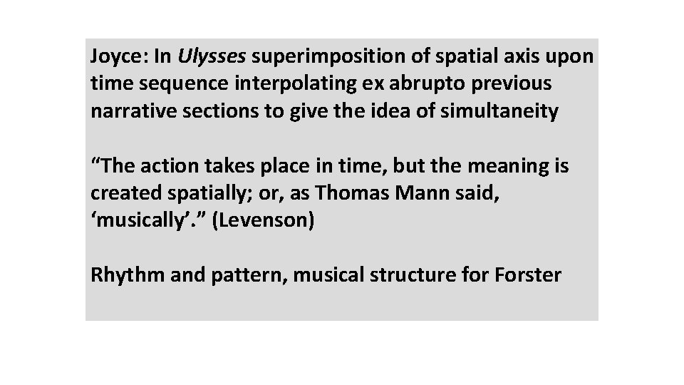 Joyce: In Ulysses superimposition of spatial axis upon time sequence interpolating ex abrupto previous