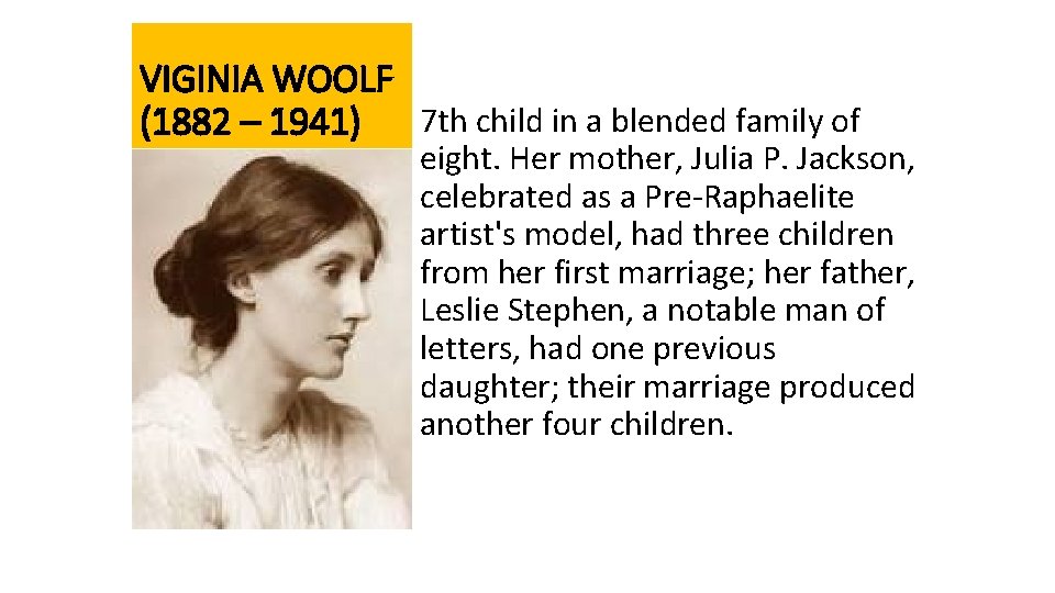 VIGINIA WOOLF (1882 – 1941) 7 th child in a blended family of eight.