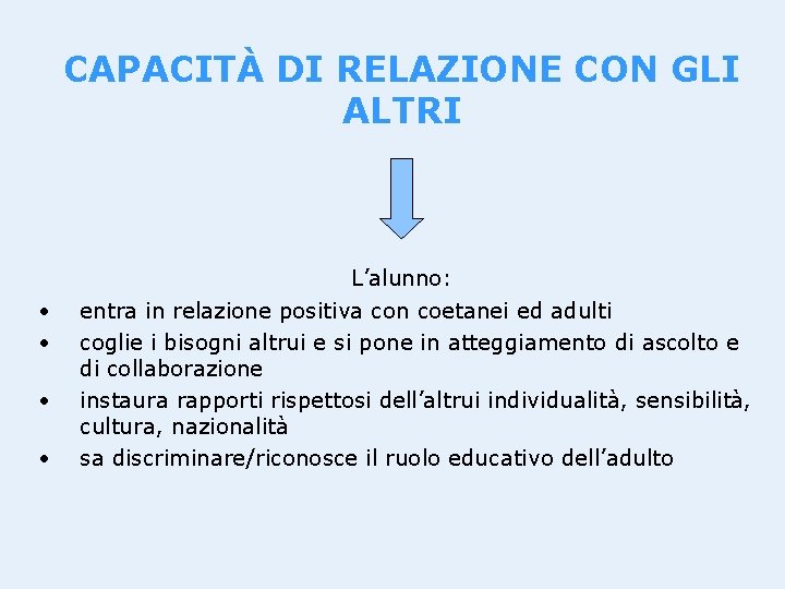 CAPACITÀ DI RELAZIONE CON GLI ALTRI • • L’alunno: entra in relazione positiva con