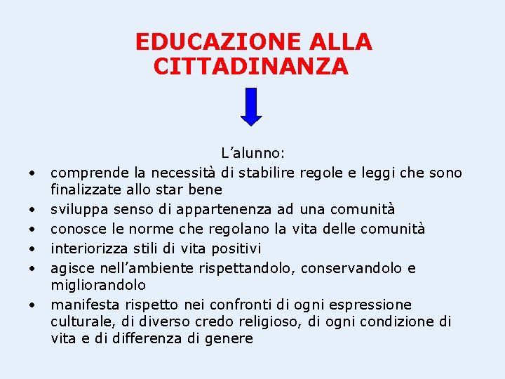 EDUCAZIONE ALLA CITTADINANZA • • • L’alunno: comprende la necessità di stabilire regole e