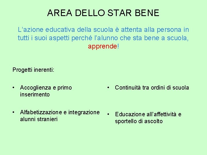 AREA DELLO STAR BENE L’azione educativa della scuola è attenta alla persona in tutti
