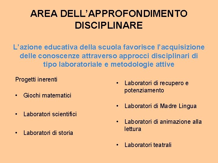 AREA DELL’APPROFONDIMENTO DISCIPLINARE L’azione educativa della scuola favorisce l’acquisizione delle conoscenze attraverso approcci disciplinari