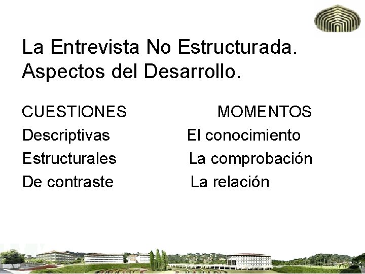 La Entrevista No Estructurada. Aspectos del Desarrollo. CUESTIONES Descriptivas Estructurales De contraste MOMENTOS El