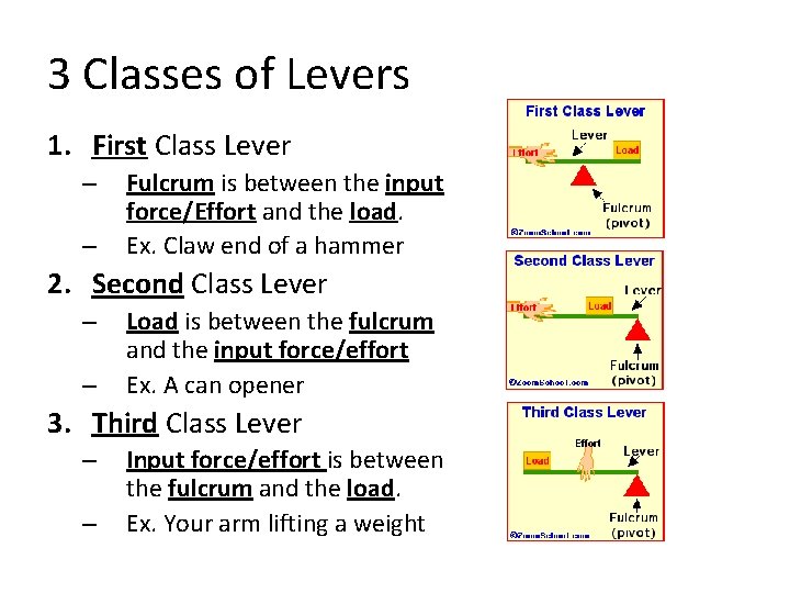 3 Classes of Levers 1. First Class Lever – – Fulcrum is between the