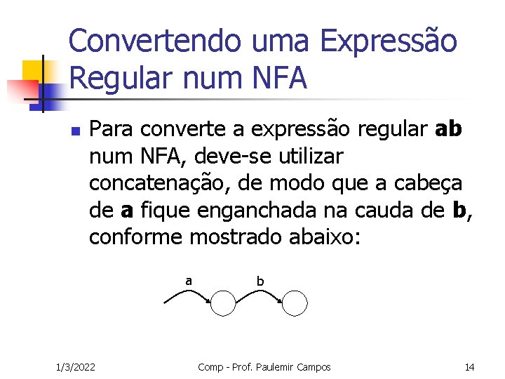 Convertendo uma Expressão Regular num NFA n Para converte a expressão regular ab num