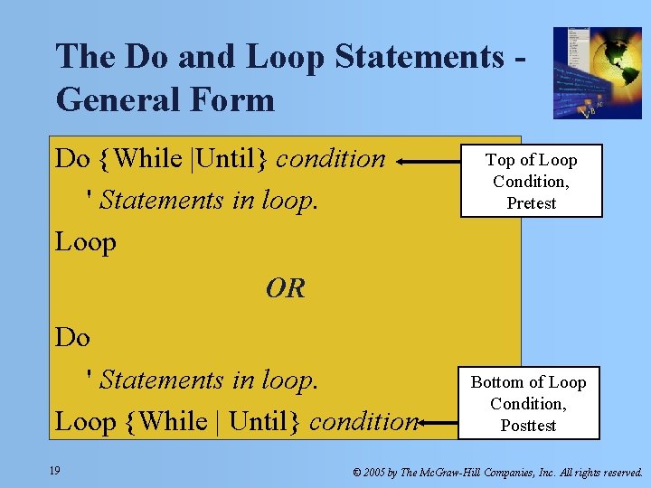 The Do and Loop Statements General Form Do {While |Until} condition ' Statements in