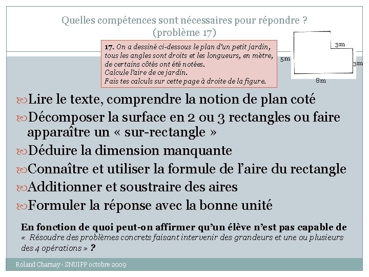 Quelles compétences sont nécessaires pour répondre ? (problème 17) 17. On a dessiné ci-dessous