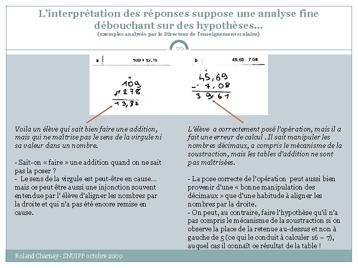 L’interprétation des réponses suppose une analyse fine débouchant sur des hypothèses… (exemples analysés par