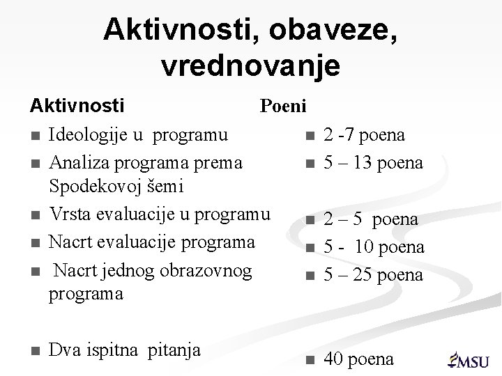 Aktivnosti, obaveze, vrednovanje Poeni Aktivnosti n Ideologije u programu n n Analiza programa prema