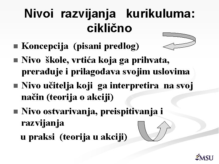 Nivoi razvijanja kurikuluma: ciklično Koncepcija (pisani predlog) n Nivo škole, vrtića koja ga prihvata,