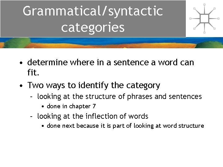 Grammatical/syntactic categories • determine where in a sentence a word can fit. • Two