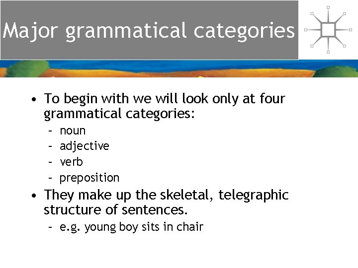 Major grammatical categories • To begin with we will look only at four grammatical