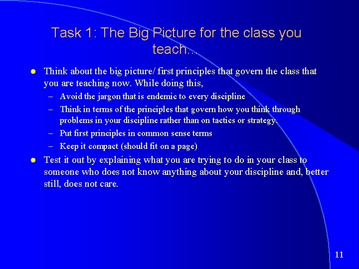 Task 1: The Big Picture for the class you teach… Think about the big
