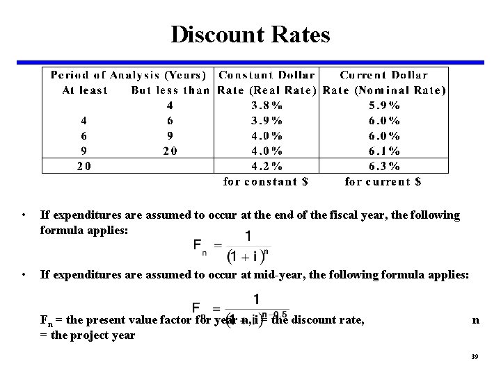 Discount Rates • If expenditures are assumed to occur at the end of the