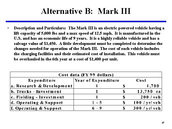 Alternative B: Mark III • Description and Particulars: The Mark III is an electric