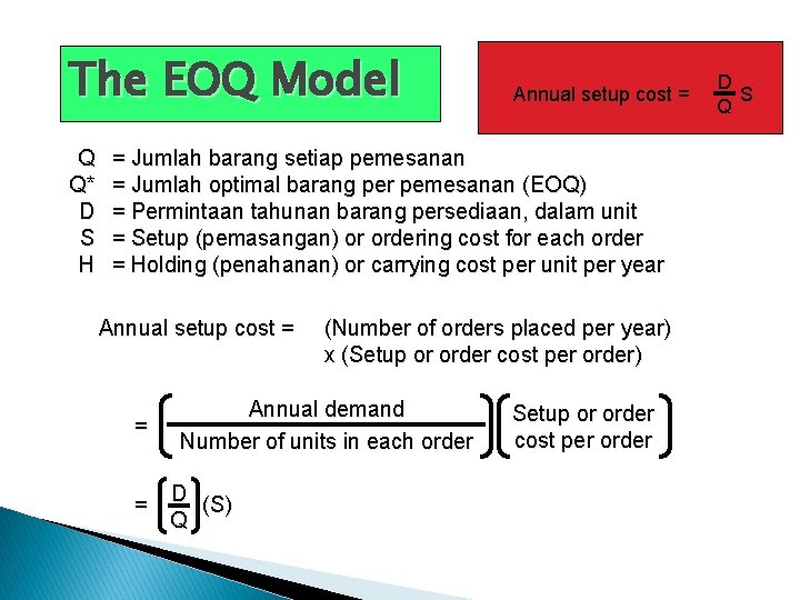 The EOQ Model Q Q* D S H Annual setup cost = = Jumlah