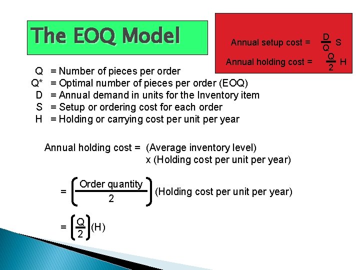 The EOQ Model Q Q* D S H Annual setup cost = Annual holding