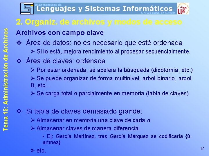 Tema 15: Administración de Archivos 2. Organiz. de archivos y modos de acceso Archivos Tema 15: Administración de Archivos 2. Organiz. de archivos y modos de acceso Archivos