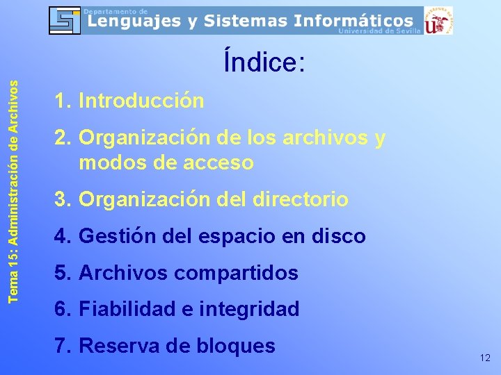 Tema 15: Administración de Archivos Índice: 1. Introducción 2. Organización de los archivos y Tema 15: Administración de Archivos Índice: 1. Introducción 2. Organización de los archivos y