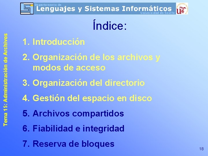Tema 15: Administración de Archivos Índice: 1. Introducción 2. Organización de los archivos y Tema 15: Administración de Archivos Índice: 1. Introducción 2. Organización de los archivos y