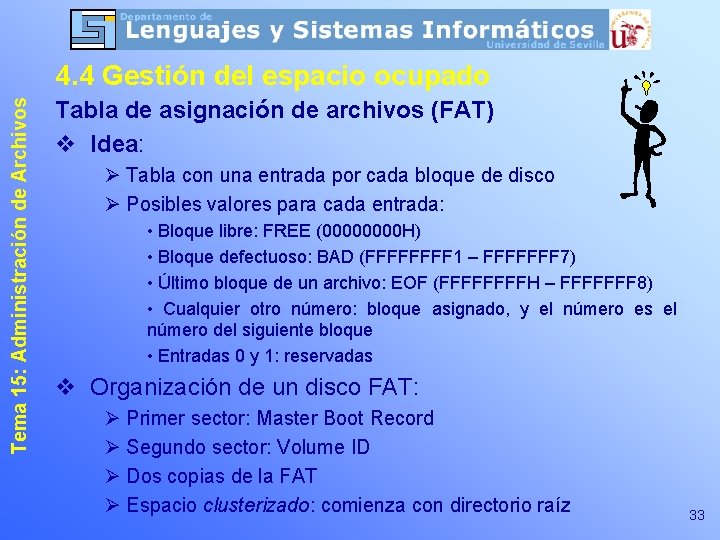 Tema 15: Administración de Archivos 4. 4 Gestión del espacio ocupado Tabla de asignación Tema 15: Administración de Archivos 4. 4 Gestión del espacio ocupado Tabla de asignación