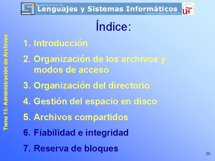 Tema 15: Administración de Archivos Índice: 1. Introducción 2. Organización de los archivos y Tema 15: Administración de Archivos Índice: 1. Introducción 2. Organización de los archivos y